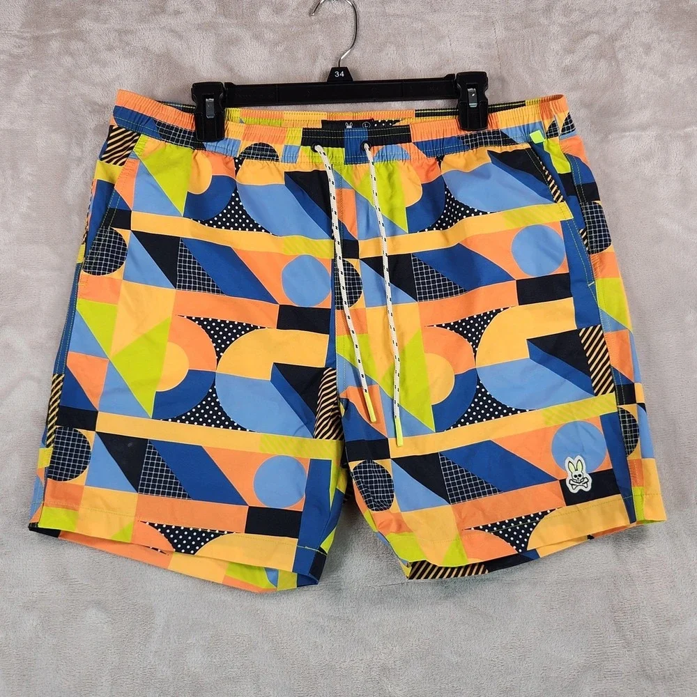 Psycho Bunny Swim Trunks Mens Large Multicolor Geo Print Lined Drawstring Beach